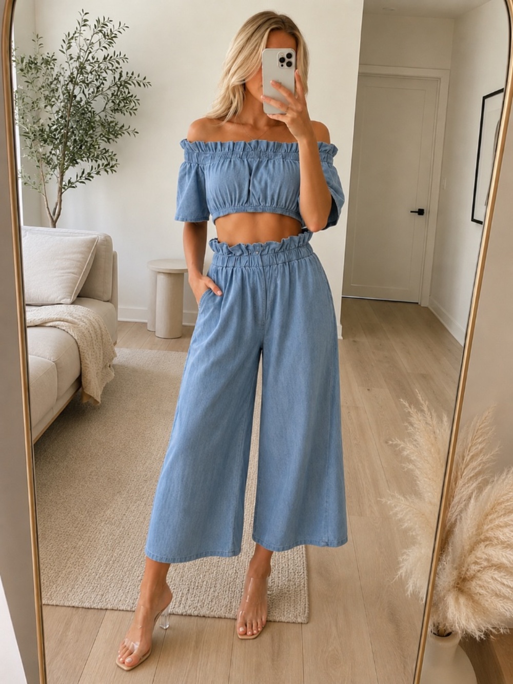 NWT Light Denim Ruffle Crop Top Pants Set Medium - Picture 6 of 6